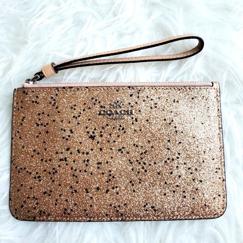 Coach rose gold glitter Wristlet wallet clutch pouch